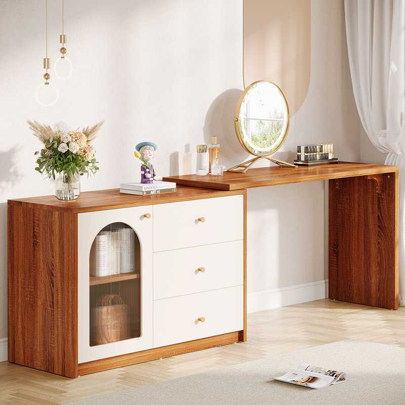 Makeup Vanity Desk Large Vanity Dressing Table With Reversible Drawers Cabinet Brown
